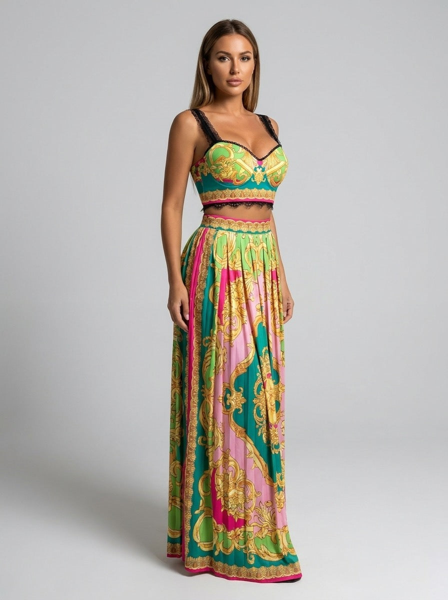 Albina Baroque-Print Corset Top & Pleated Skirt Set on model