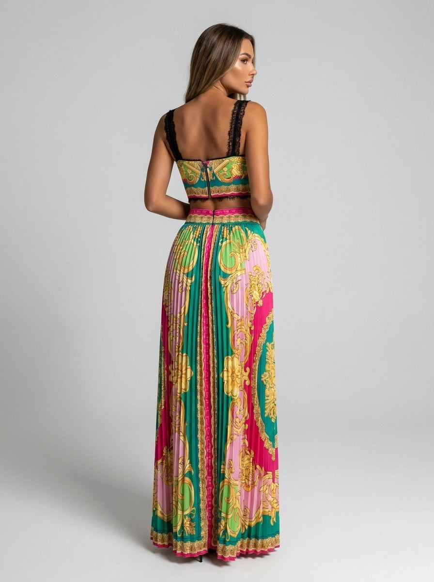 Albina Baroque-Print Corset Top & Pleated Skirt Set on model
