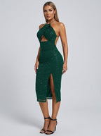 Annetta Glitter Halter Cutout Midi Dress on model