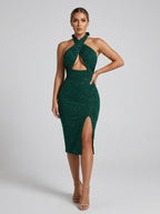 Annetta Glitter Halter Cutout Midi Dress on model