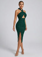 Annetta Glitter Halter Cutout Midi Dress on model