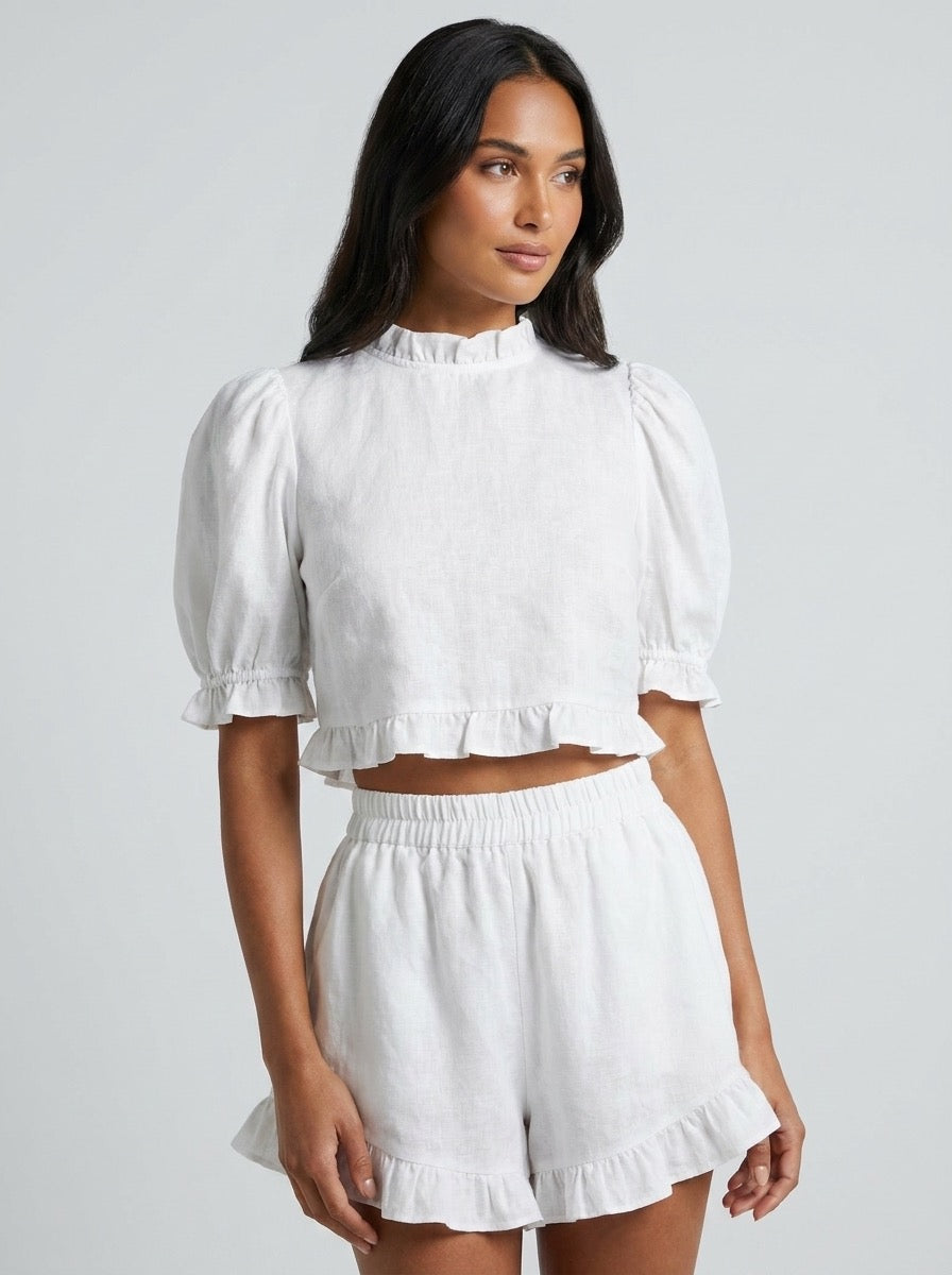 Arabella Ruffle Linen Set on model