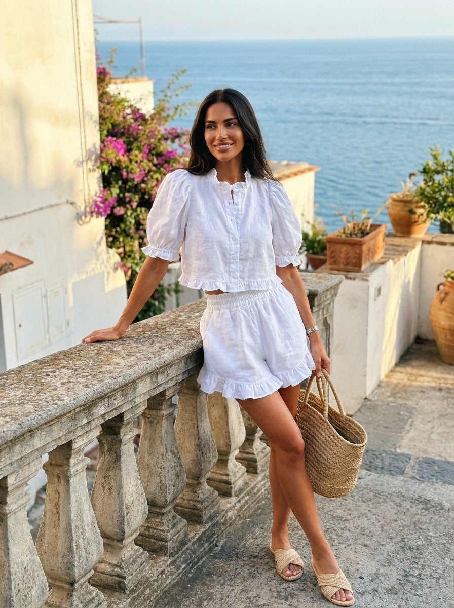 Arabella Ruffle Linen Set on model