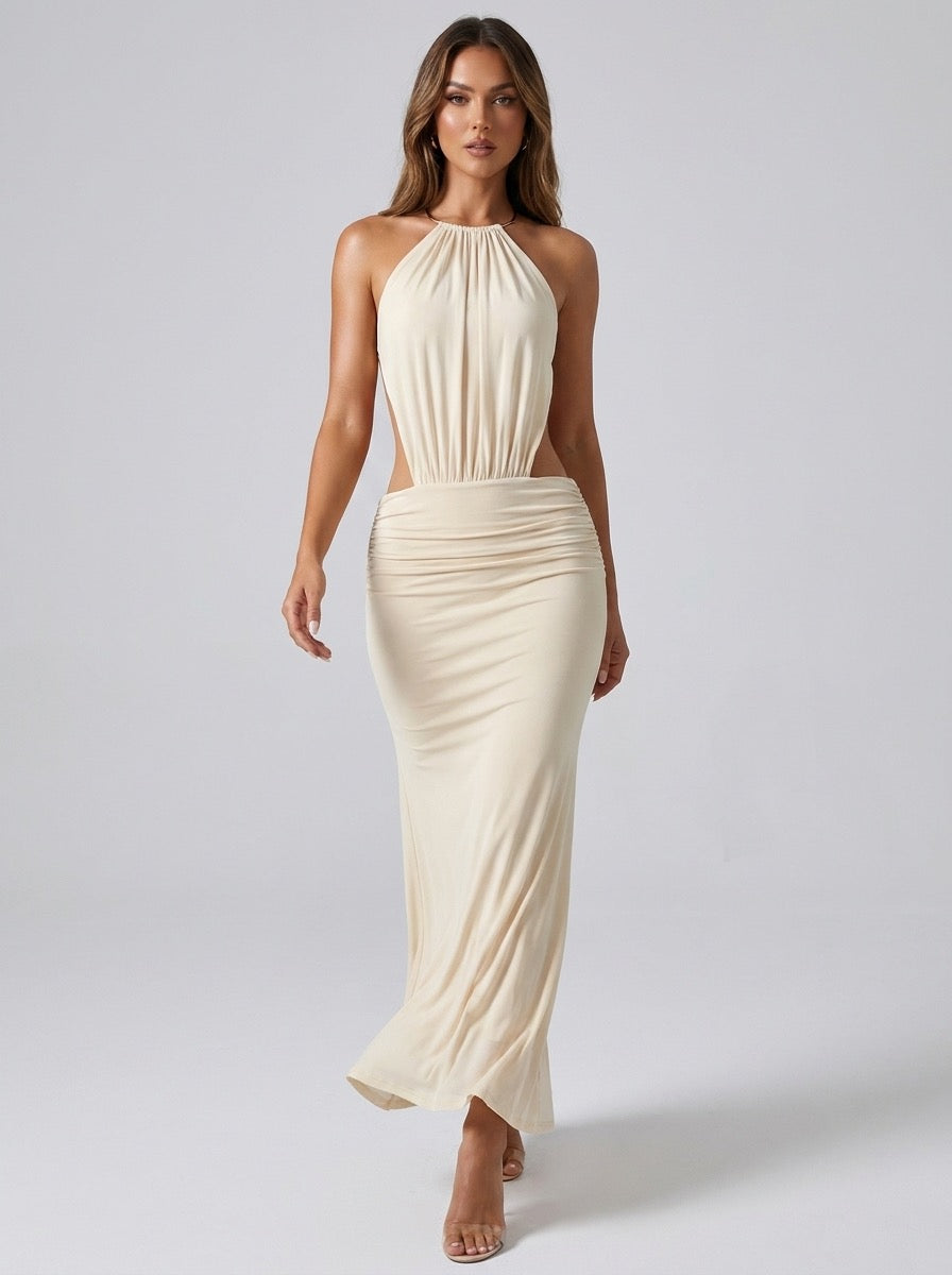 Assunta Metal-Ring Halter Backless Ruched Maxi Dress on model