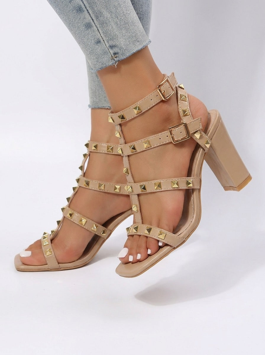 Aurelia Studded Gladiator Block-Heel Sandals on model
