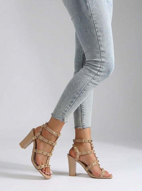 Aurelia Studded Gladiator Block-Heel Sandals on model