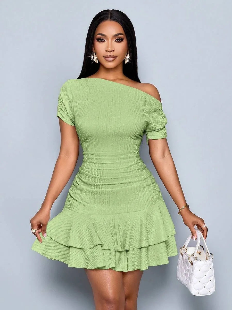 Rachele One-Shoulder Ruched Ruffle-Hem Mini Dress