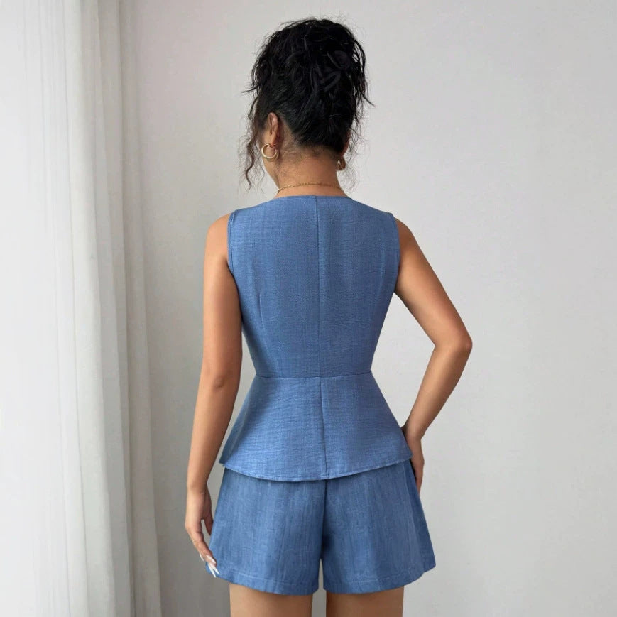 Faustina Peplum Blazer Vest and Tailored Shorts Two-Piece Set