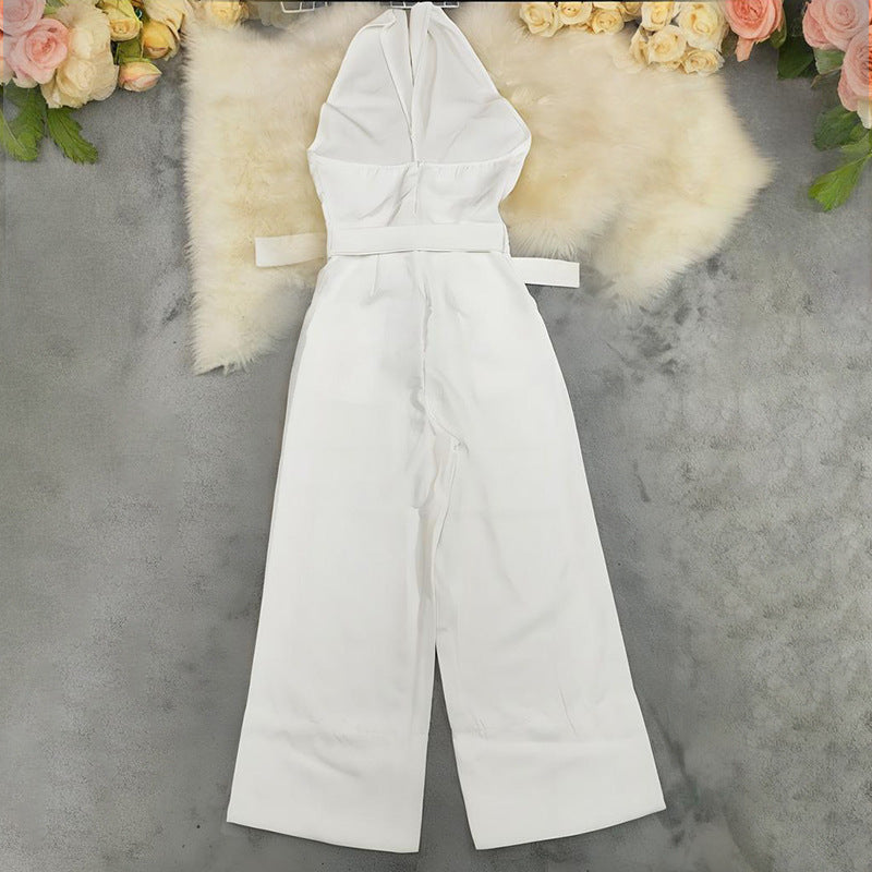 Romana Cross-Halter Belted Wide-Leg Jumpsuit