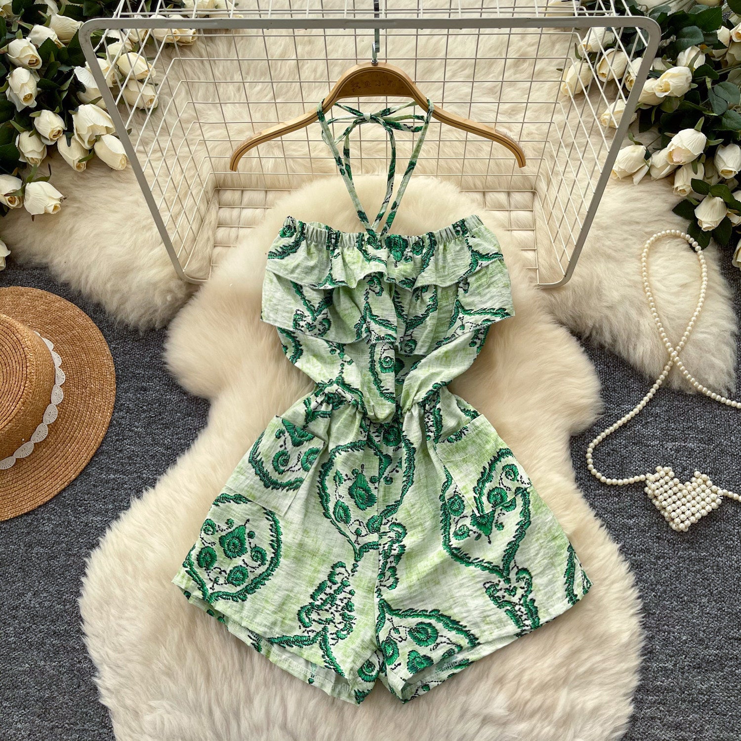 Melania Halter Ruffle Print Romper