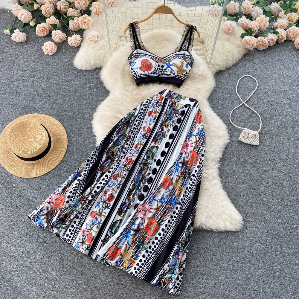 Albina Baroque-Print Corset Top & Pleated Skirt Set