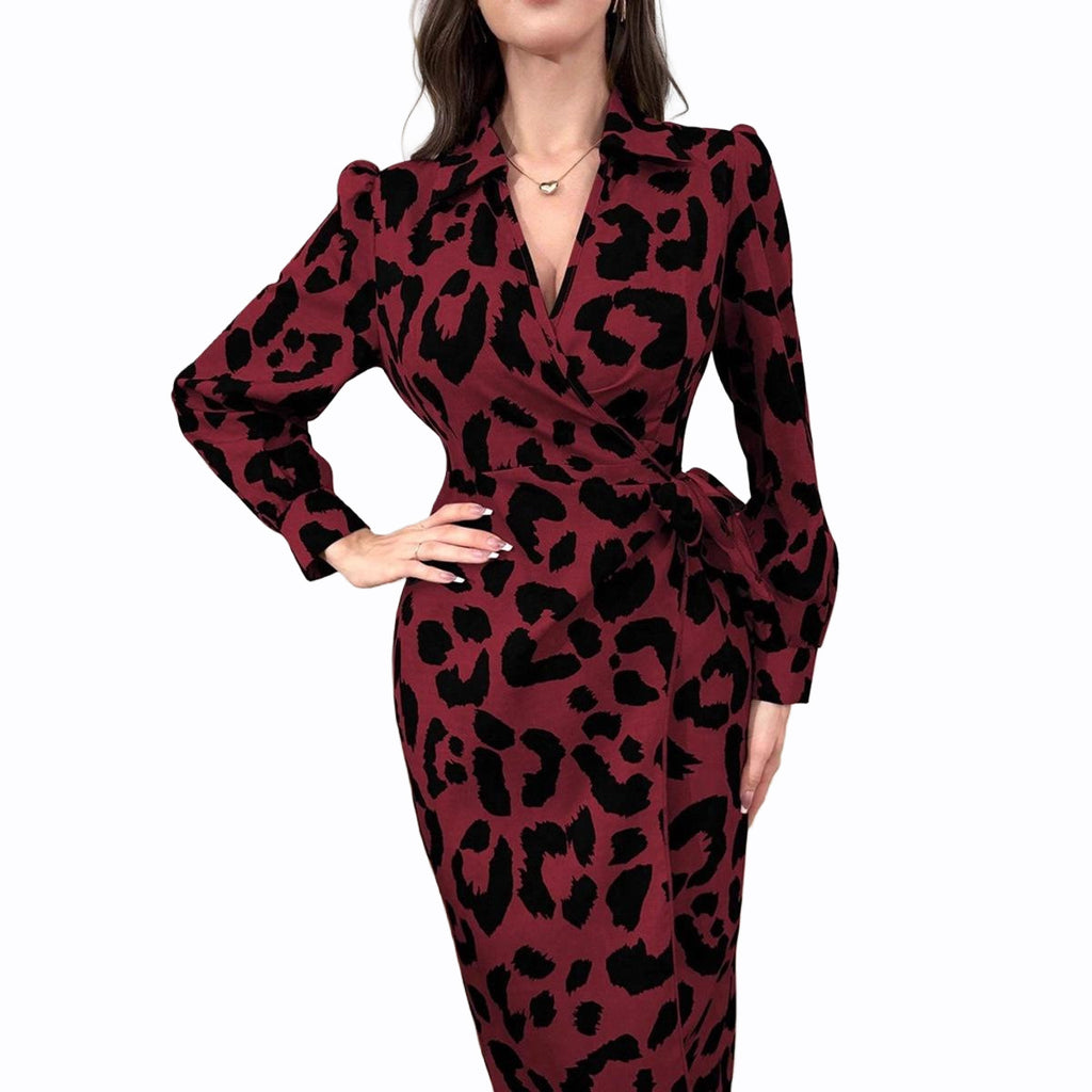 Concetta Leopard Print Satin Wrap Midi Dress