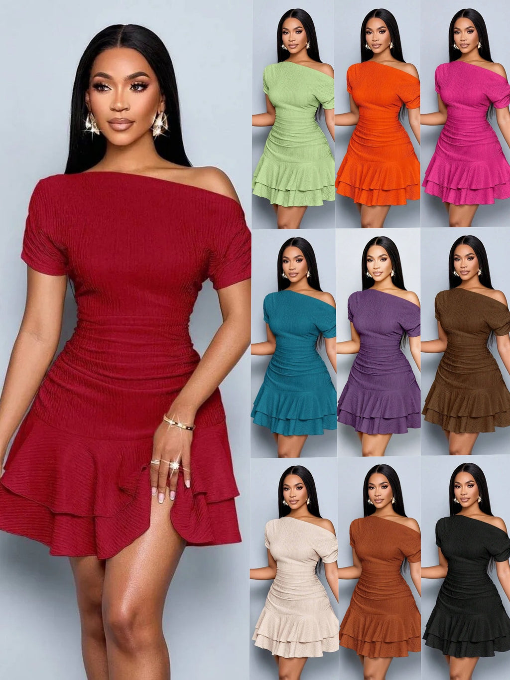 Rachele One-Shoulder Ruched Ruffle-Hem Mini Dress