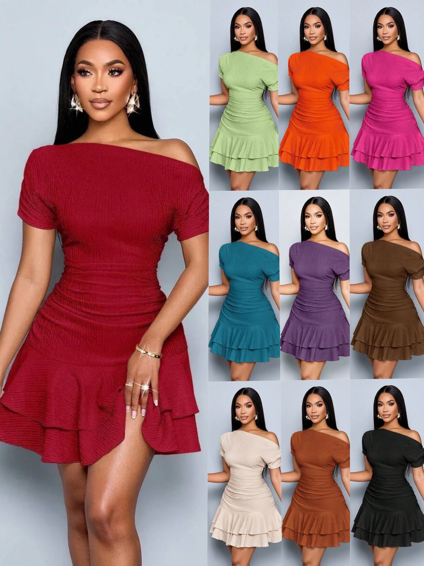 Rachele One-Shoulder Ruched Ruffle-Hem Mini Dress