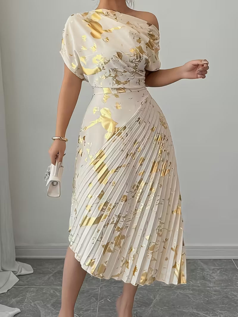 Fedora Metallic Foil Asymmetric Pleated Midi Dress