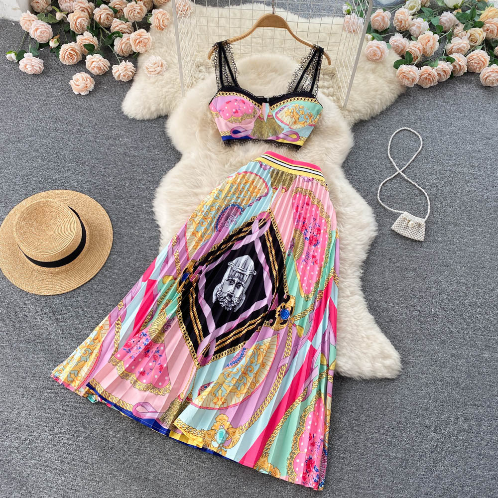 Albina Baroque-Print Corset Top & Pleated Skirt Set