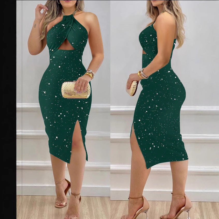 Ileana Glitter Halter Cutout Bodycon Midi Dress