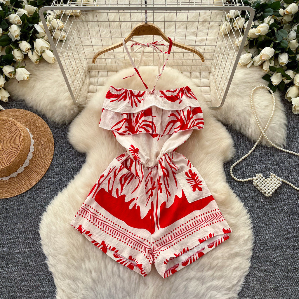 Melania Halter Ruffle Print Romper