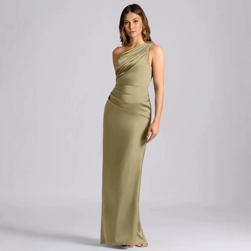Rosita One-Shoulder Ruched Satin Maxi Dress