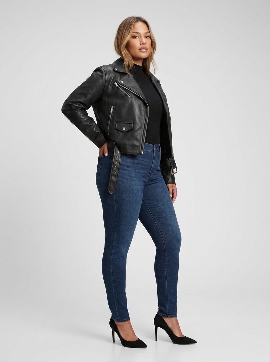 Belinda Faux Leather Biker Jacket on model