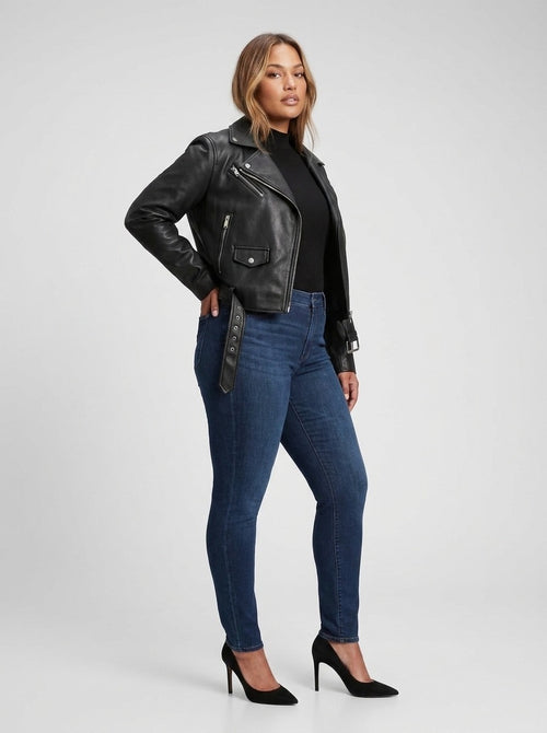 Belinda Faux Leather Biker Jacket on model