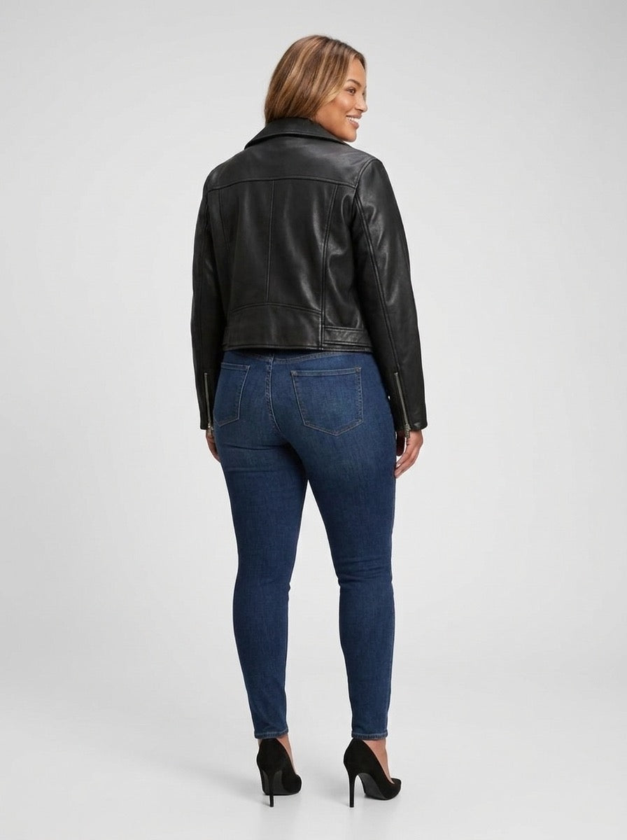 Belinda Faux Leather Biker Jacket on model