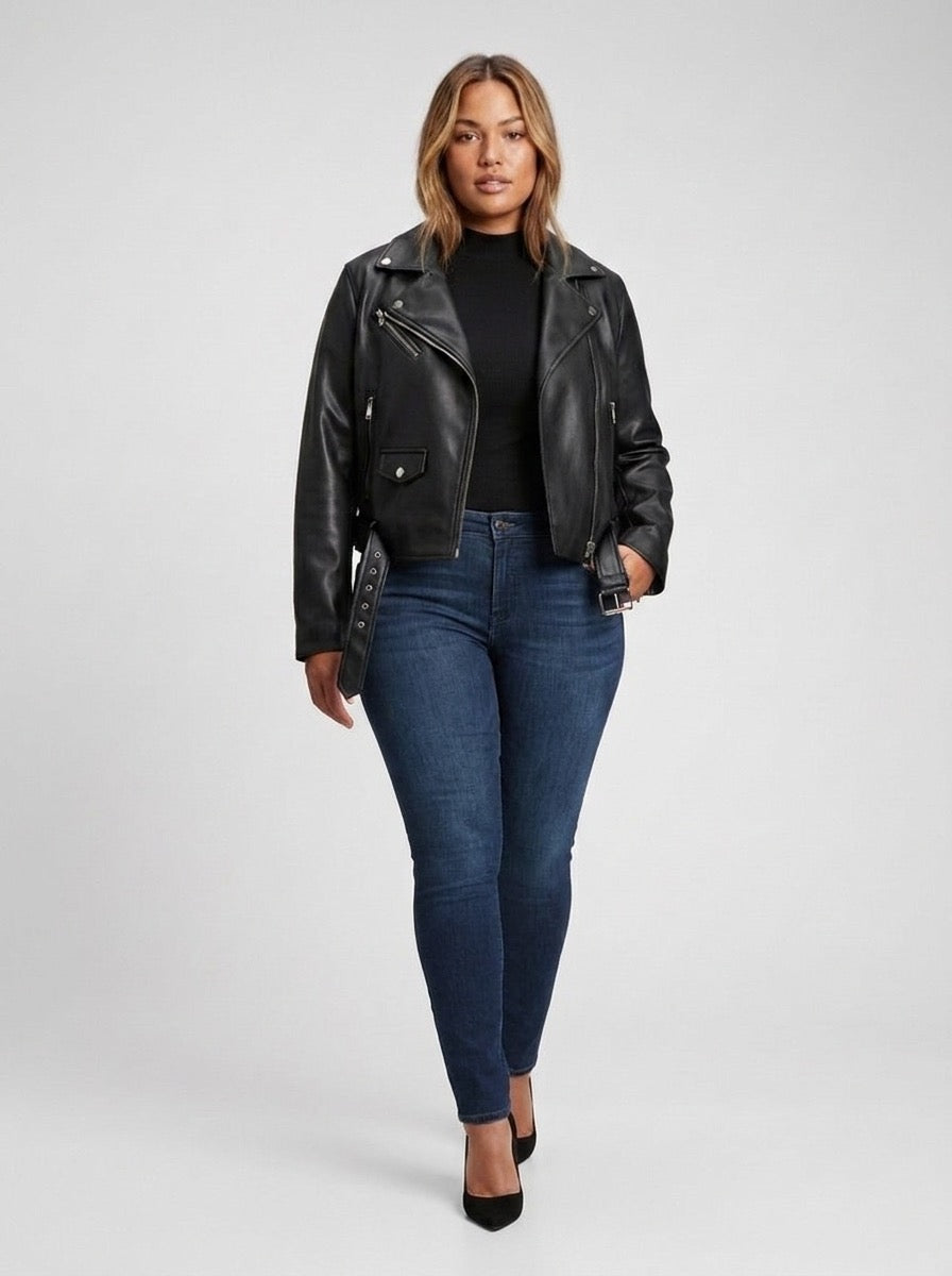 Belinda Faux Leather Biker Jacket on model