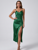 Benedetta Emerald Satin V-Neck Slip Midi Dress on model