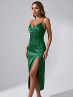 Benedetta Emerald Satin V-Neck Slip Midi Dress on model