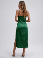 Benedetta Emerald Satin V-Neck Slip Midi Dress on model