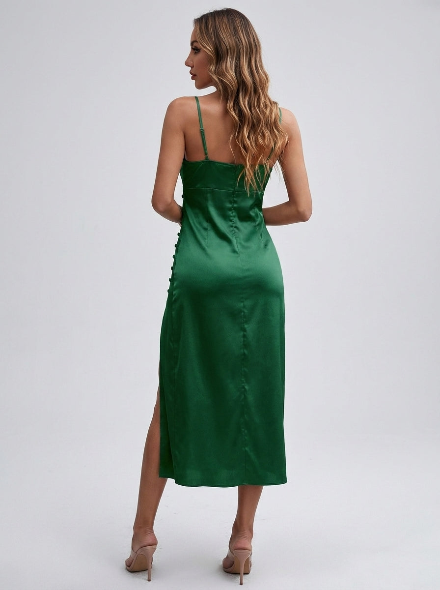 Benedetta Emerald Satin V-Neck Slip Midi Dress on model