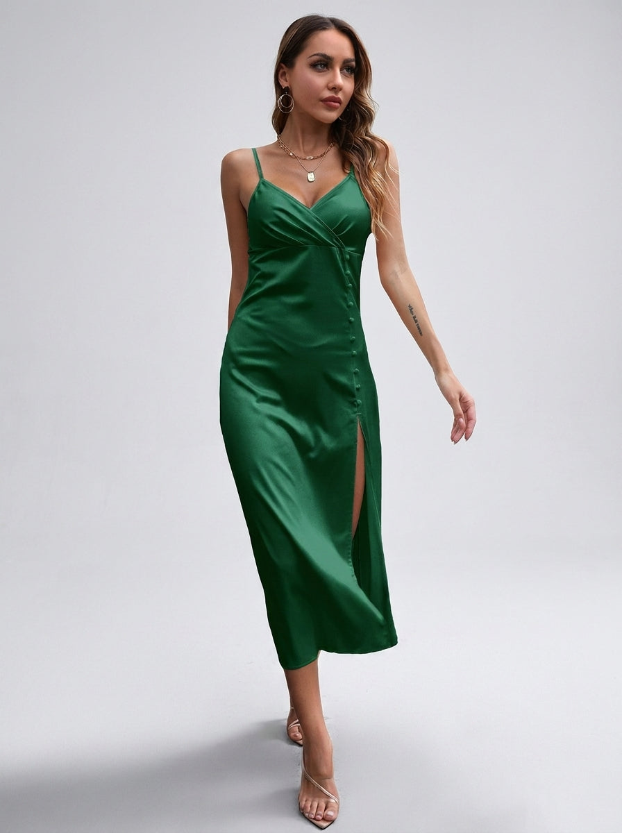 Benedetta Emerald Satin V-Neck Slip Midi Dress on model
