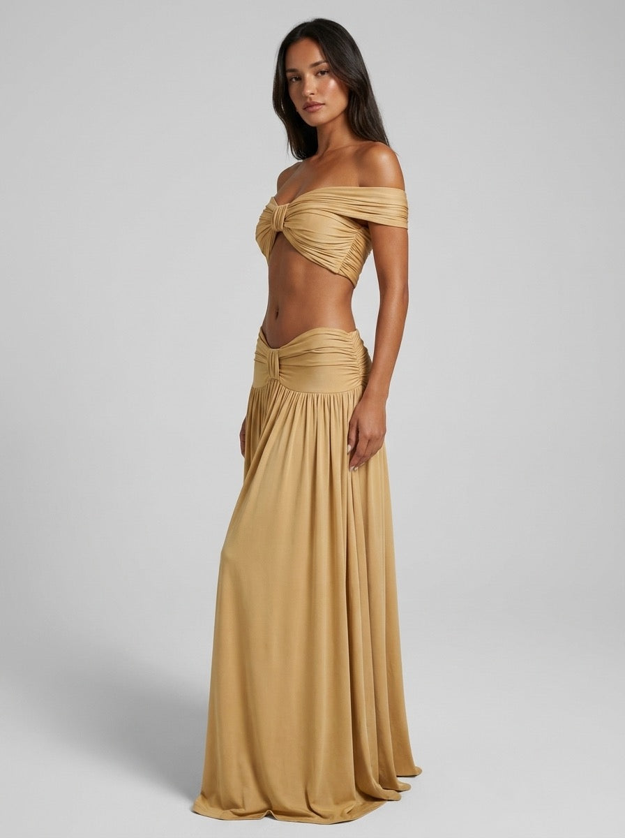 Bettina Twist Bandeau Crop Top and Maxi Skirt Two-Piece Set on model