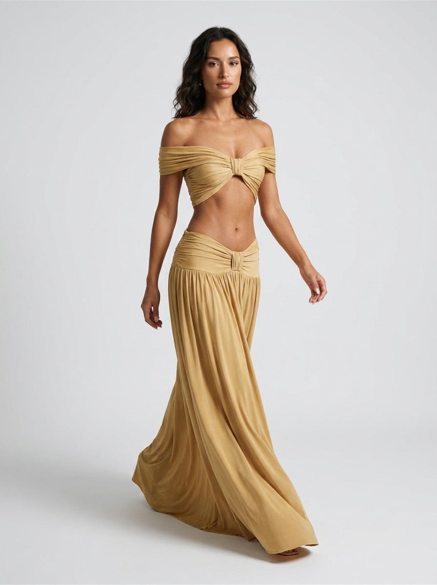 Bettina Twist Bandeau Crop Top and Maxi Skirt Two-Piece Set on model