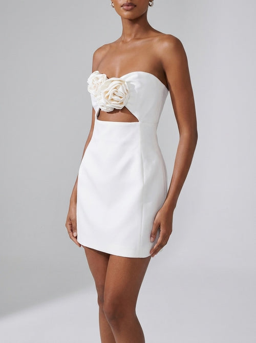 Bibiana 3D Rosette Strapless Cutout Mini Dress on model