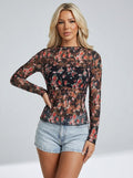 Gelsomina Floral Mesh Sheer Long-Sleeve Top on model