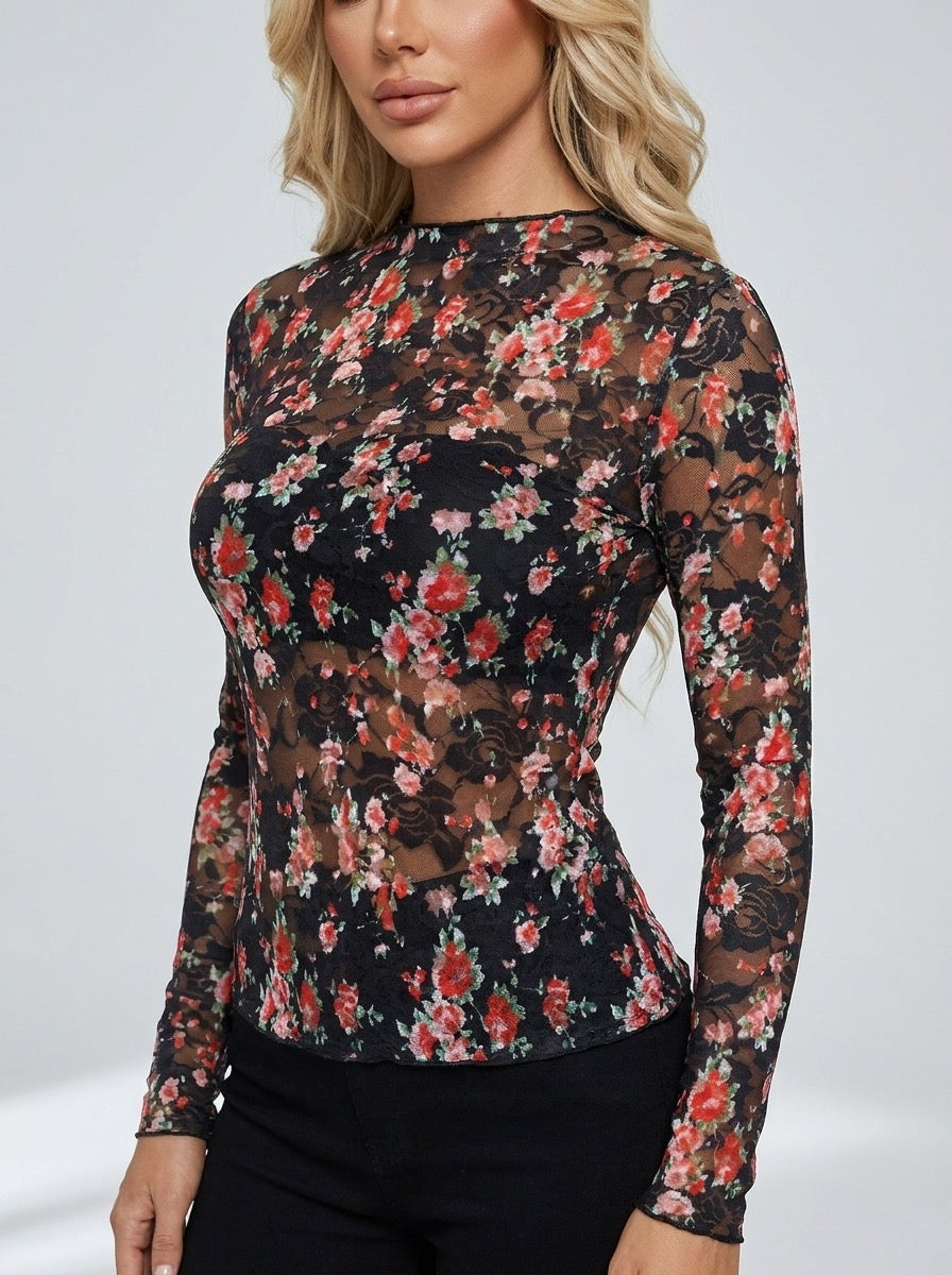 Gelsomina Floral Mesh Sheer Long-Sleeve Top on model