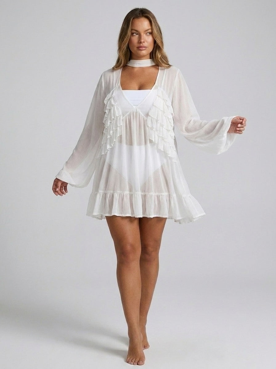 Brezza Sheer Ruffle Chiffon Beach Cover-Up on model