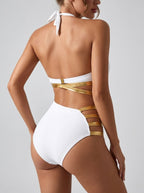 Brigida Gold-Belt Plunge Swimsuit on model