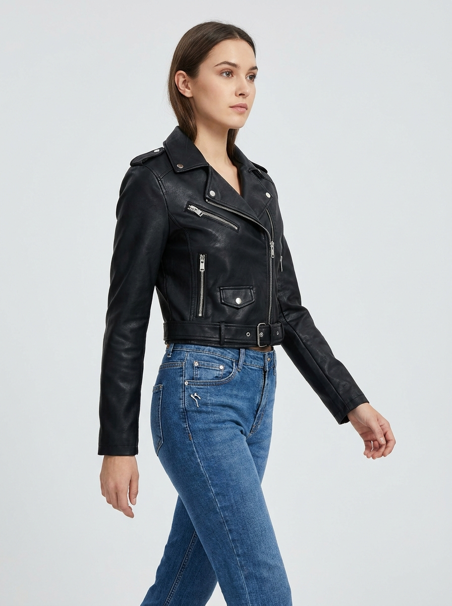 Bruna Cropped Faux Leather Moto Jacket — Oli Amore