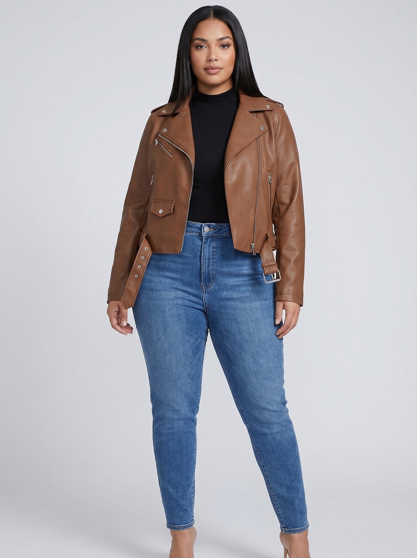 Bruna Cropped Faux Leather Moto Jacket on model