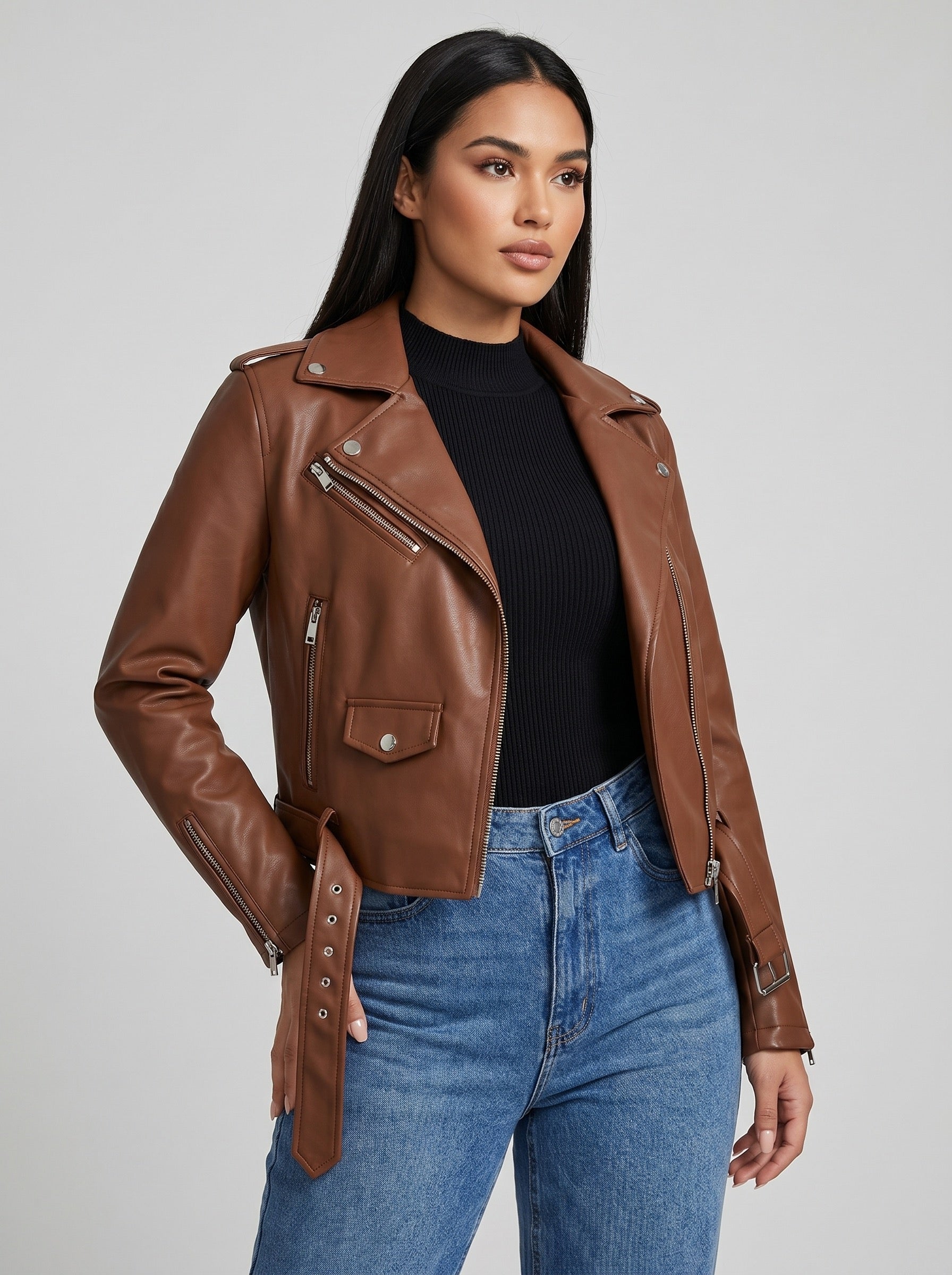 Bruna Cropped Faux Leather Moto Jacket on model