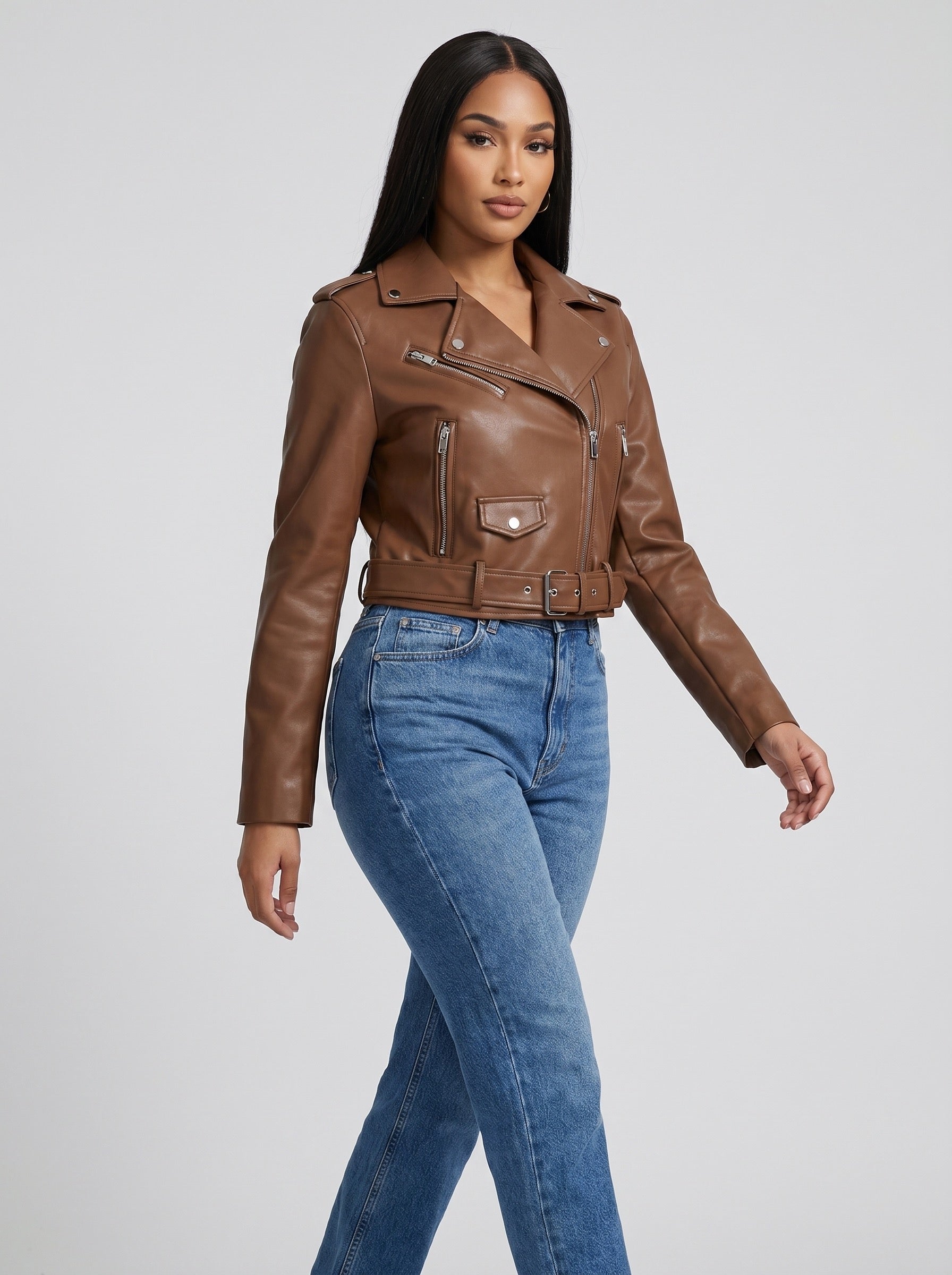 Bruna Cropped Faux Leather Moto Jacket on model