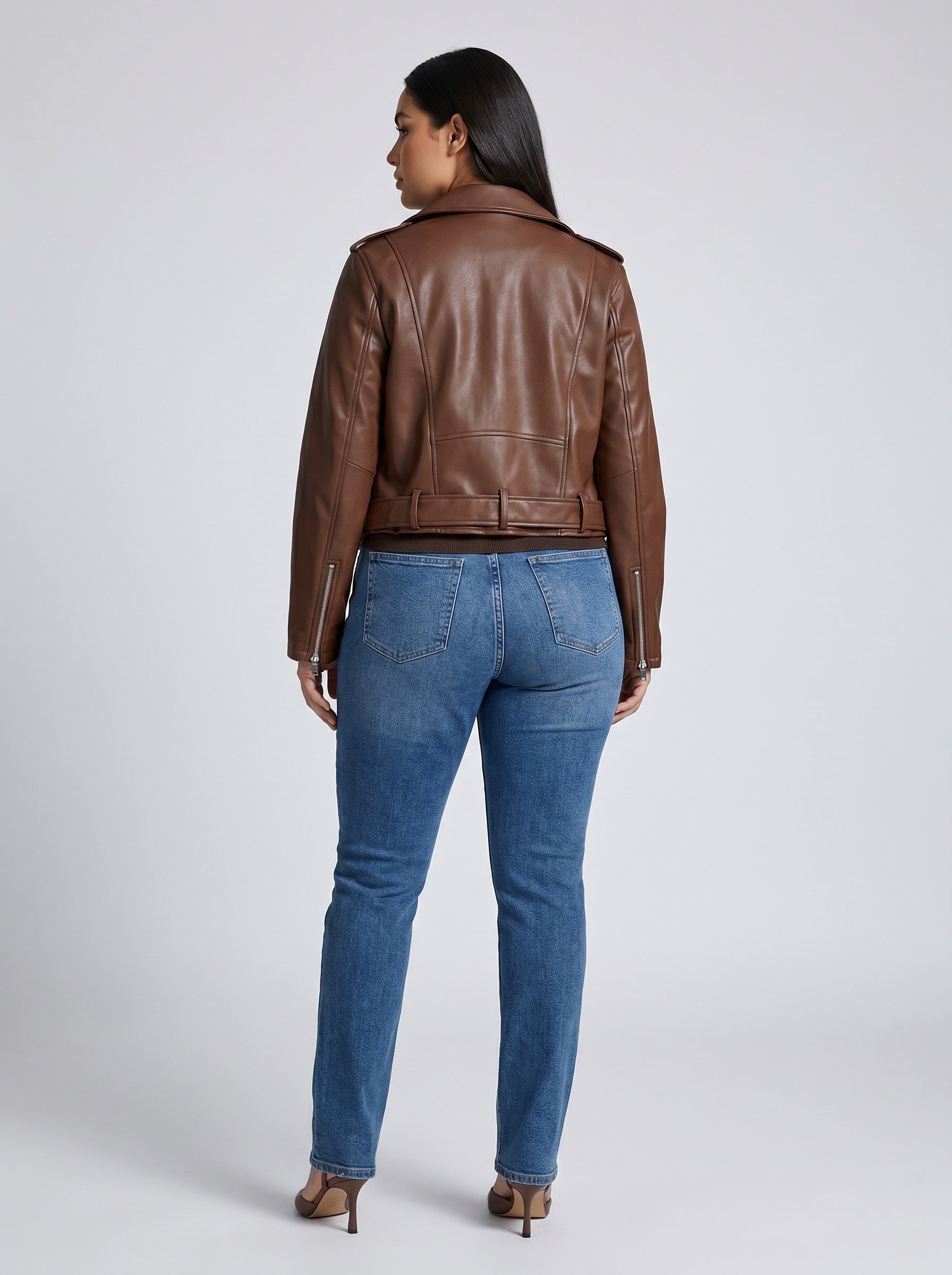 Bruna Cropped Faux Leather Moto Jacket on model