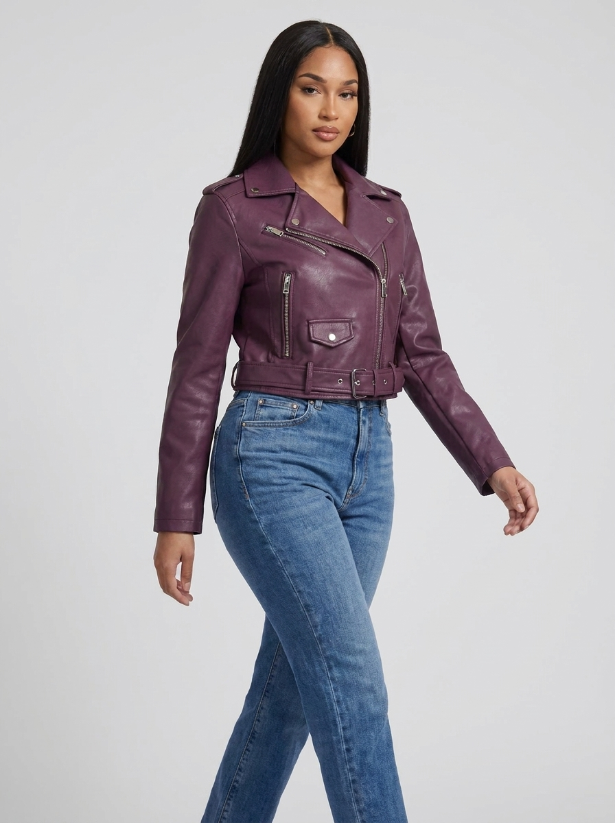 Bruna Cropped Faux Leather Moto Jacket — Oli Amore