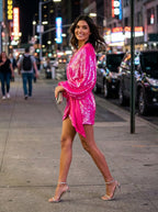 Brunella Sequin Wrap Balloon-Sleeve Mini Dress on model