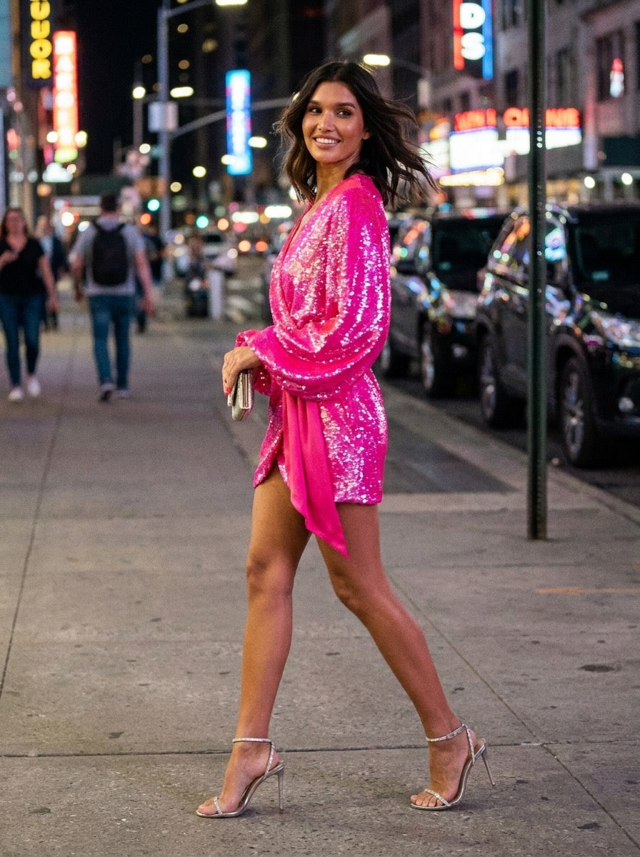 Brunella Sequin Wrap Balloon-Sleeve Mini Dress on model