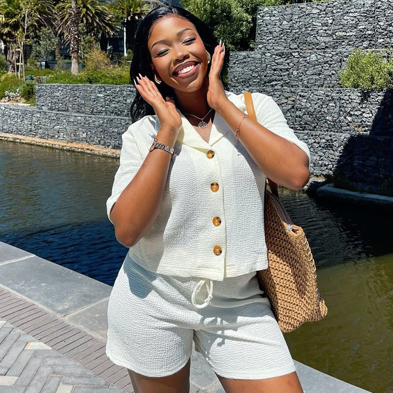 Wilma Blazer-Collar Cardigan & Tailored Shorts Set