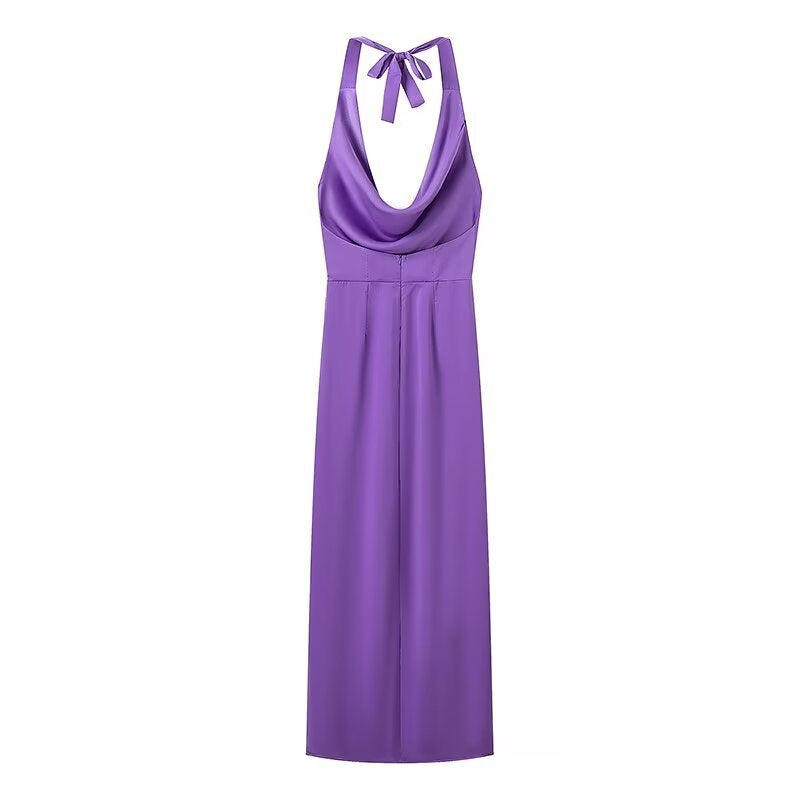 Mariella Purple Satin Cowl Halter Backless Maxi Dress