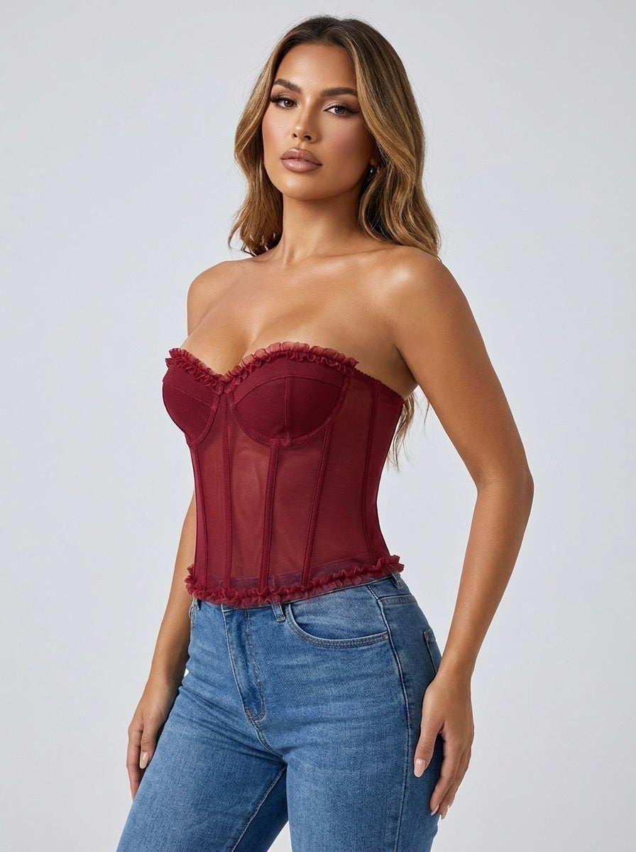 Calla Sheer Mesh Ruffle Corset Bustier Top on model